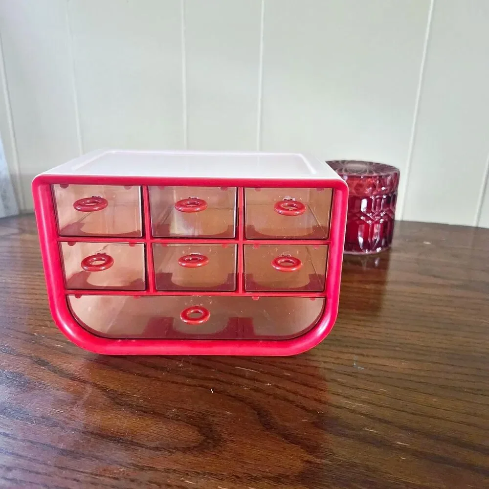 Retro Aesthetic Storage 7 Draw Plastic Desktop Organizer Red Small Jewelry Craft